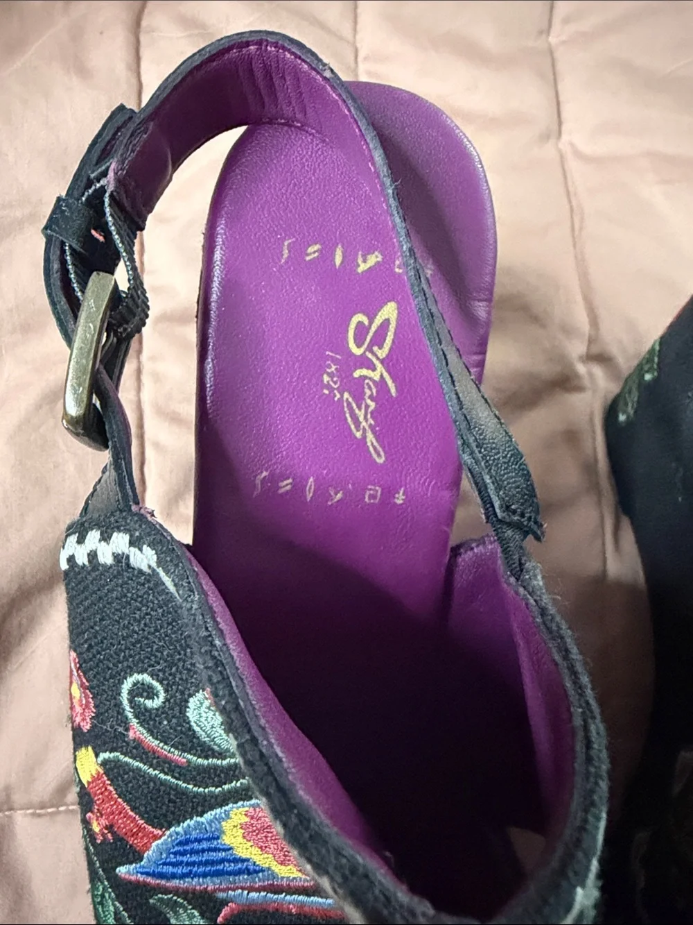 Sharif Black Embroidered Floral & Bird Wedge Sandals with Purple Insole